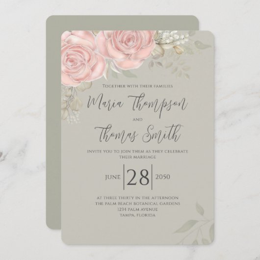 フローラエレガント水彩緑化バラ金ゴールドリーフ 招待状 (正面/裏面)