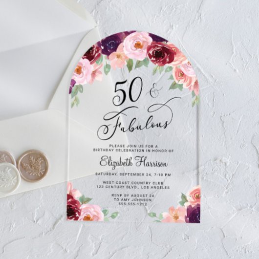 フローラエレガント水彩50th誕生日パーティーアーチ アクリル招待状