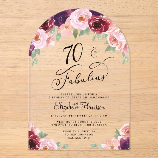 フローラエレガント水彩70th誕生日パーティーアーチ アクリル招待状 (正面)