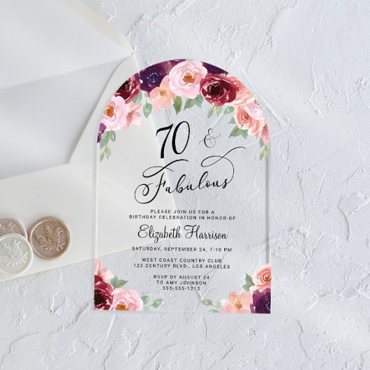 フローラエレガント水彩70th誕生日パーティーアーチ アクリル招待状