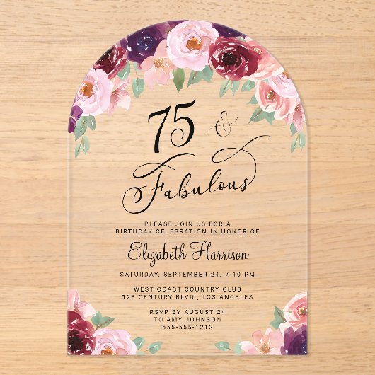 フローラエレガント水彩75thバースデーパーティーアーチ アクリル招待状 (正面)