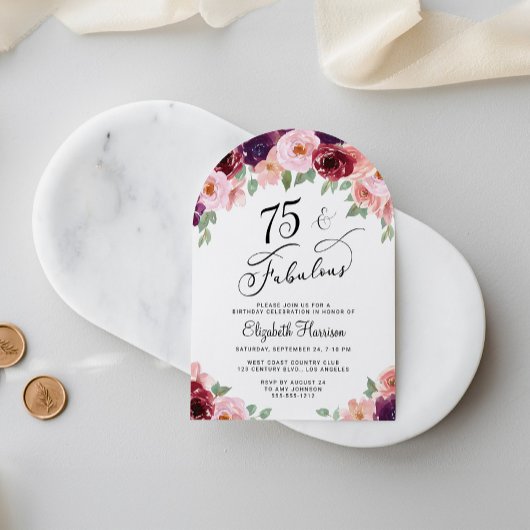 フローラエレガント水彩75thバースデーパーティーアーチ 招待状