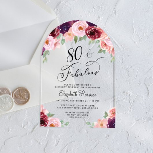 フローラエレガント水彩80thバースデーパーティーアーチ アクリル招待状