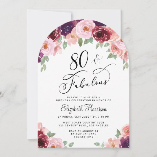 フローラエレガント水彩80thバースデーパーティーアーチ 招待状 (正面)