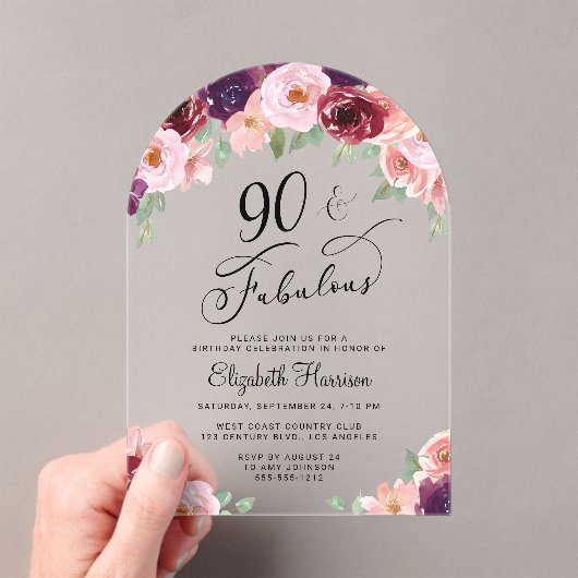 フローラエレガント水彩90thバースデーパーティーアーチ アクリル招待状 (インサイチュ (ポータブル))