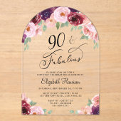 フローラエレガント水彩90thバースデーパーティーアーチ アクリル招待状 (正面)