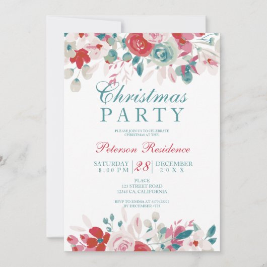 フローラエレガント水色の赤い緑のクリスマス 招待状 (正面)