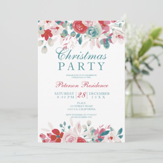 フローラエレガント水色の赤い緑のクリスマス 招待状 (スタンド正面)