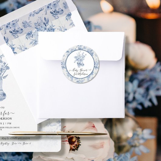 フローラエレガント水色ブルーnホワイトベビーシャワー ラウンドシール