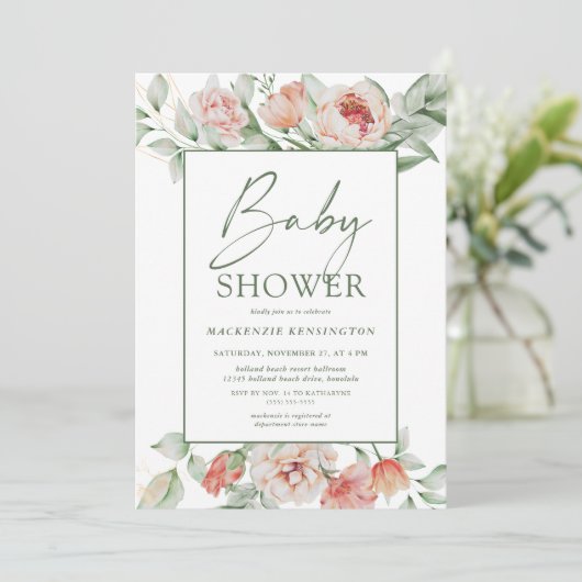 フローラエレガント牡丹の緑のスクリプト赤ちゃんシャワー 招待状 (スタンド正面)
