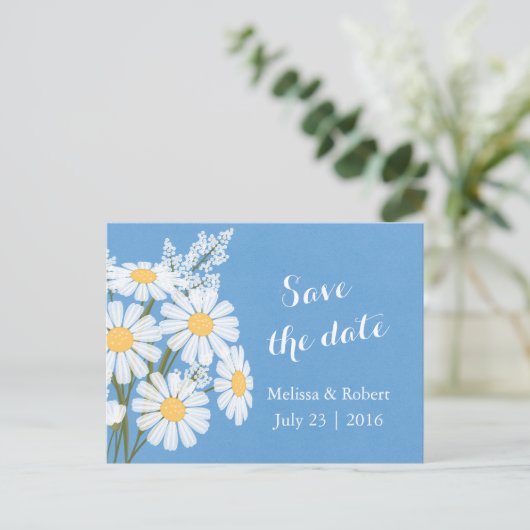 フローラエレガント白デイジー青の保存日付 案内ポストカード (スタンド正面)