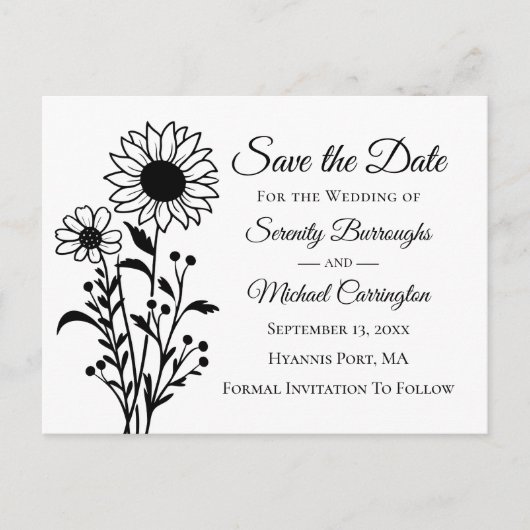 フローラエレガント白黒結婚式の日付の保存 ポストカード (正面)