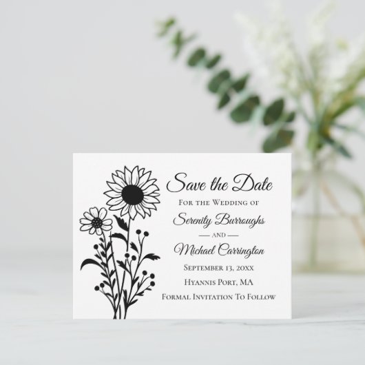 フローラエレガント白黒結婚式の日付の保存 ポストカード (スタンド正面)