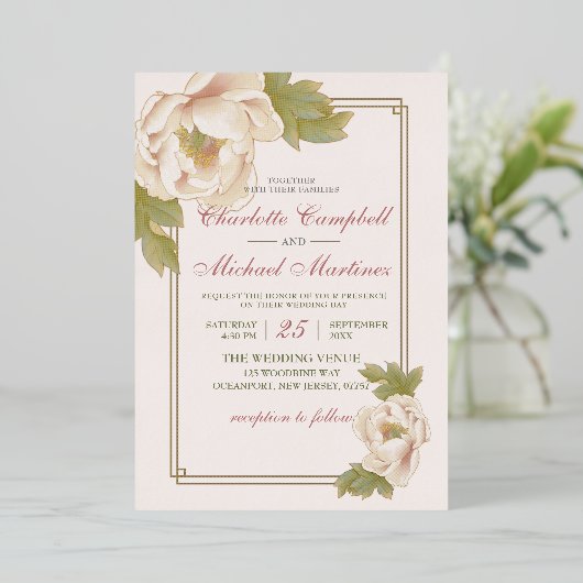 フローラエレガント穏やかなピンクの牡丹結婚の侵入 箔招待状 (立ち正面)