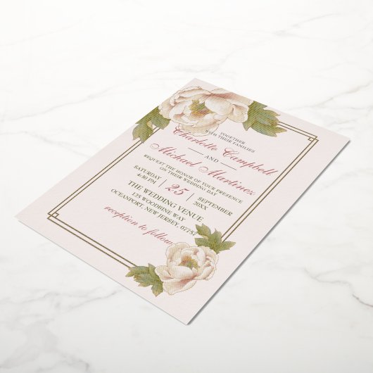 フローラエレガント穏やかなピンクの牡丹結婚の侵入 箔招待状 (回転した状態)
