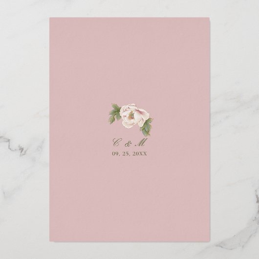 フローラエレガント穏やかなピンクの牡丹結婚の侵入 箔招待状 (裏面)