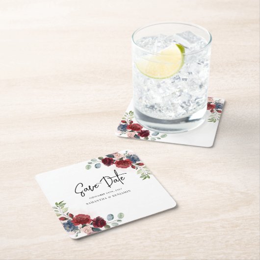 フローラエレガント結婚式の日付の保存 スクエアペーパーコースター (インサイチュ)