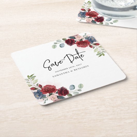 フローラエレガント結婚式の日付の保存 スクエアペーパーコースター (アングル)