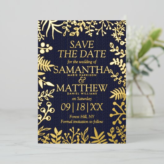 フローラエレガント結婚式の日付を保存実在する 箔招待状 (立ち正面)