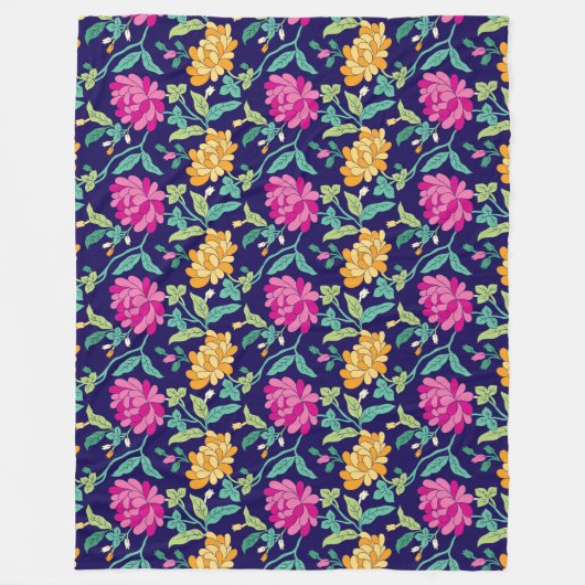 フローラエレガント花ピンク色の黄色い芽の緑 フリースブランケット (正面)