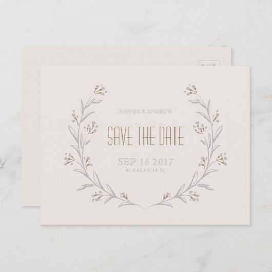 フローラエレガント薄紫素朴な結婚式は日付を保存 案内ポストカード (正面/裏面)