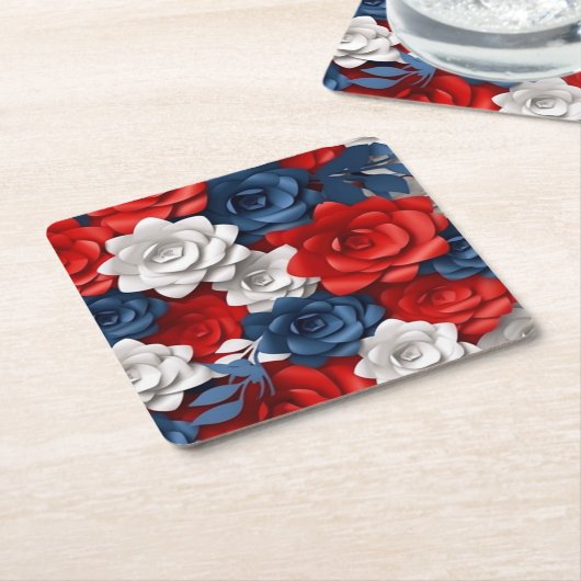 フローラエレガント赤白青フラワーガーデンデザイン スクエアペーパーコースター (アングル)