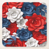フローラエレガント赤白青フラワーガーデンデザイン スクエアペーパーコースター (正面)