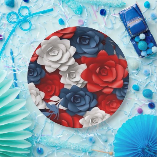 フローラエレガント赤白青フラワーガーデンデザイン ペーパープレート (パーティー)