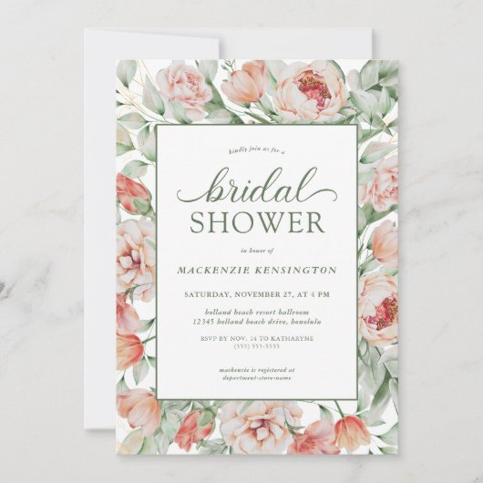 フローラエレガント赤面セージグリーンブライダルシャワー 招待状 (正面)
