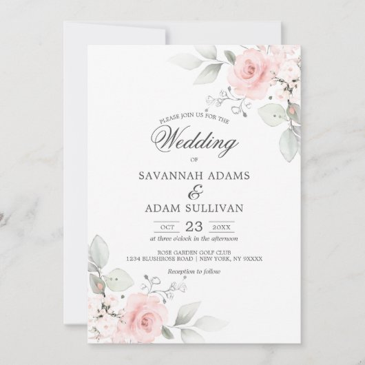 フローラエレガント赤面バラピンクボタニカル 招待状 (正面)