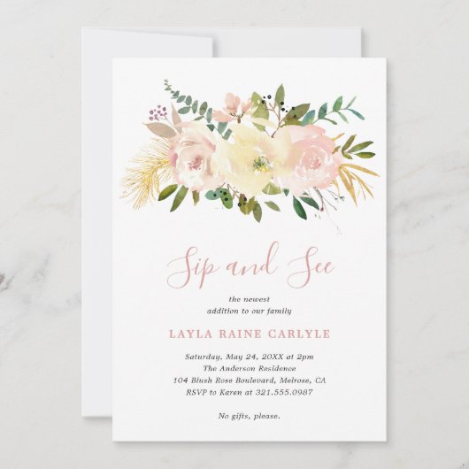 フローラエレガント赤面ピンクベビーガールsipと参照 招待状 (正面)