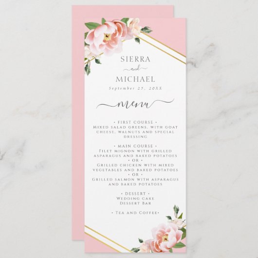 フローラエレガント赤面ピンク金ゴールドウェディングレセプション メニュー (正面/裏面)