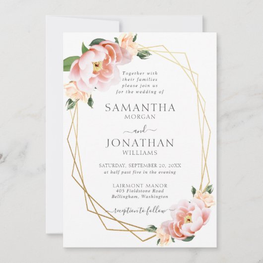 フローラエレガント赤面Peach金ゴールドの幾何結婚学 招待状 (正面)
