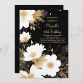 フローラエレガント金ゴールドとブラックオンライン40th誕生日 招待状 (正面/裏面)