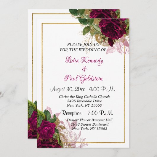 フローラエレガント金ゴールドとブルゴンディバラ結婚ズ 招待状 (正面/裏面)