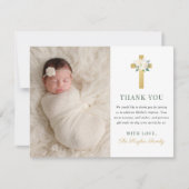 フローラエレガント金ゴールドクロスガールバプテスマ写真 サンキューカード (正面)