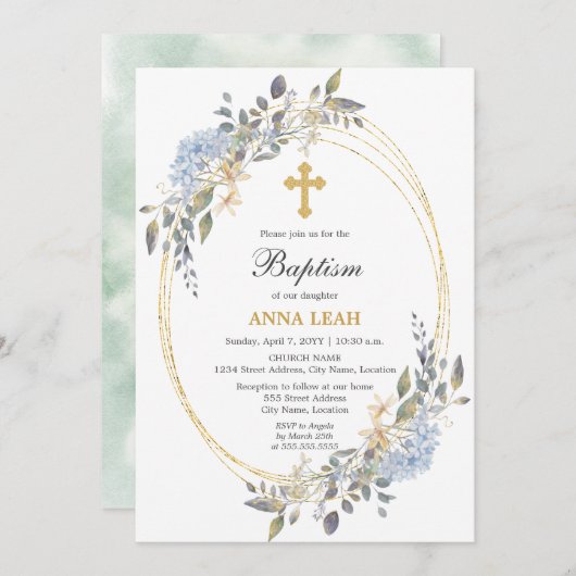 フローラエレガント金ゴールドクロスバプテスマ 招待状 (正面/裏面)