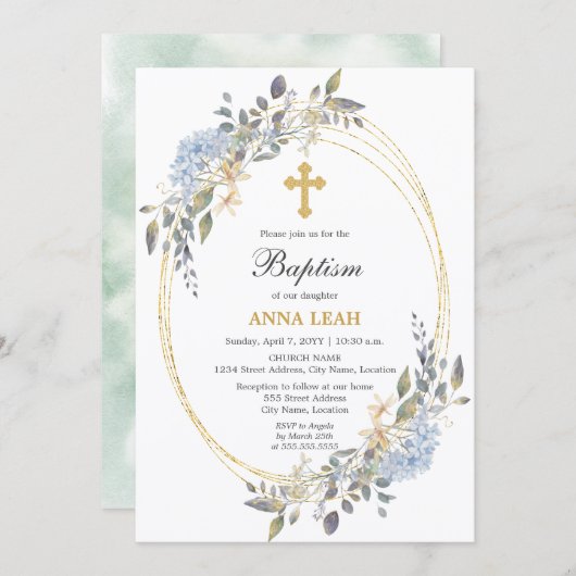 フローラエレガント金ゴールドクロスバプテスマ 招待状 (正面/裏面)