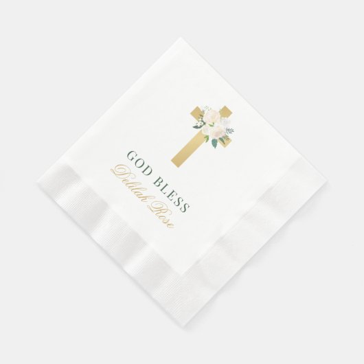 フローラエレガント金ゴールドクロスベビーガールバプテスマ 縁ありランチョンナプキン (角)