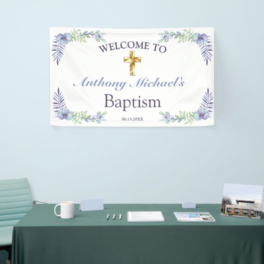 フローラエレガント金ゴールドクロスベビーバプテスムウェルカム 横断幕 (トレードショー)