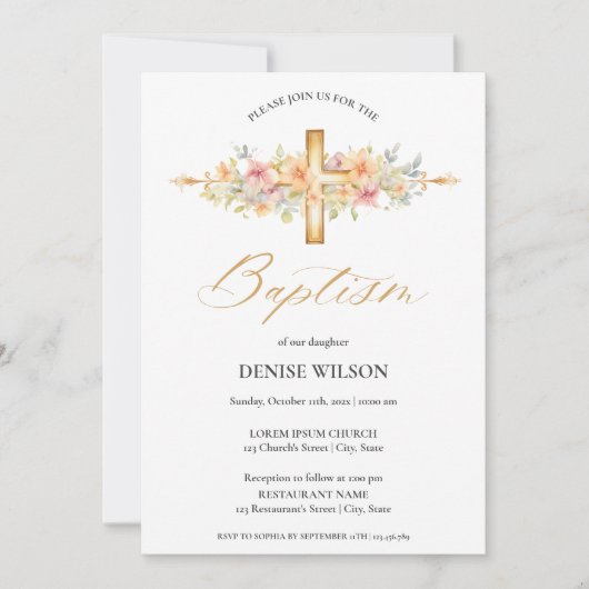 フローラエレガント金ゴールドクロス《キリスト教》洗礼式や命名式バプテスマ 招待状 (正面)