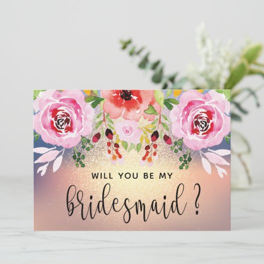 フローラエレガント金ゴールドグリッターは私の花嫁付き添い 招待状 (スタンド正面)