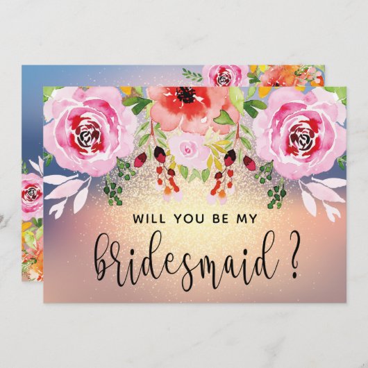 フローラエレガント金ゴールドグリッターは私の花嫁付き添い 招待状 (正面/裏面)