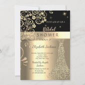 フローラエレガント金ゴールドグリッタードレスブライダルシャワー 招待状 (正面)
