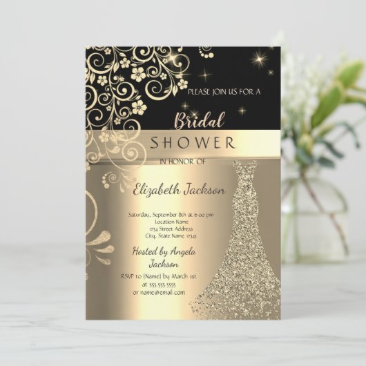フローラエレガント金ゴールドグリッタードレスブライダルシャワー 招待状 (スタンド正面)