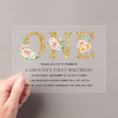 フローラエレガント金ゴールドグリッターワン誕生日 アクリル招待状 (インサイチュ (ポータブル))