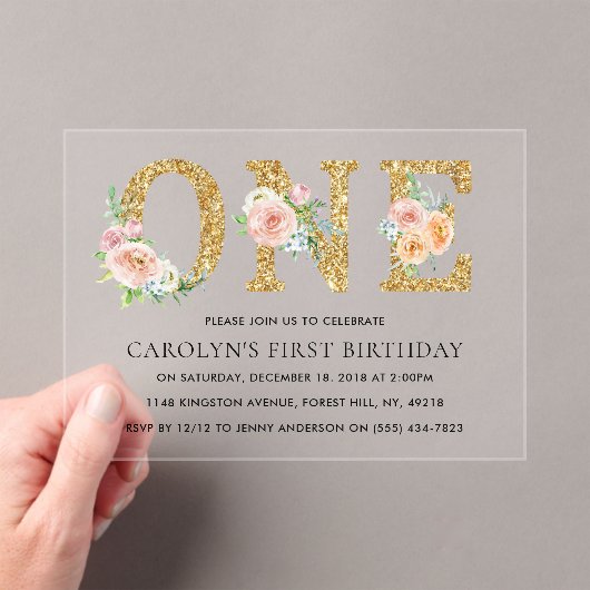 フローラエレガント金ゴールドグリッターワン誕生日 アクリル招待状 (インサイチュ (ポータブル))