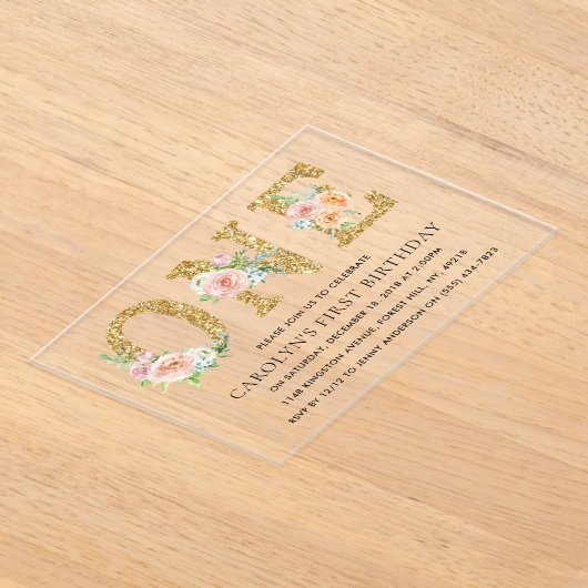 フローラエレガント金ゴールドグリッターワン誕生日 アクリル招待状 (レイダウン)
