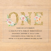 フローラエレガント金ゴールドグリッターワン誕生日 アクリル招待状 (正面)