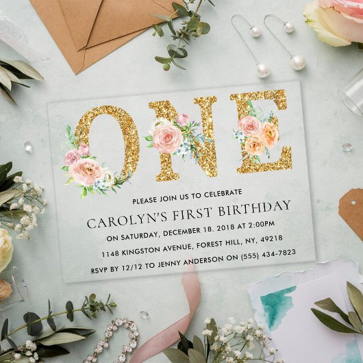 フローラエレガント金ゴールドグリッターワン誕生日 アクリル招待状